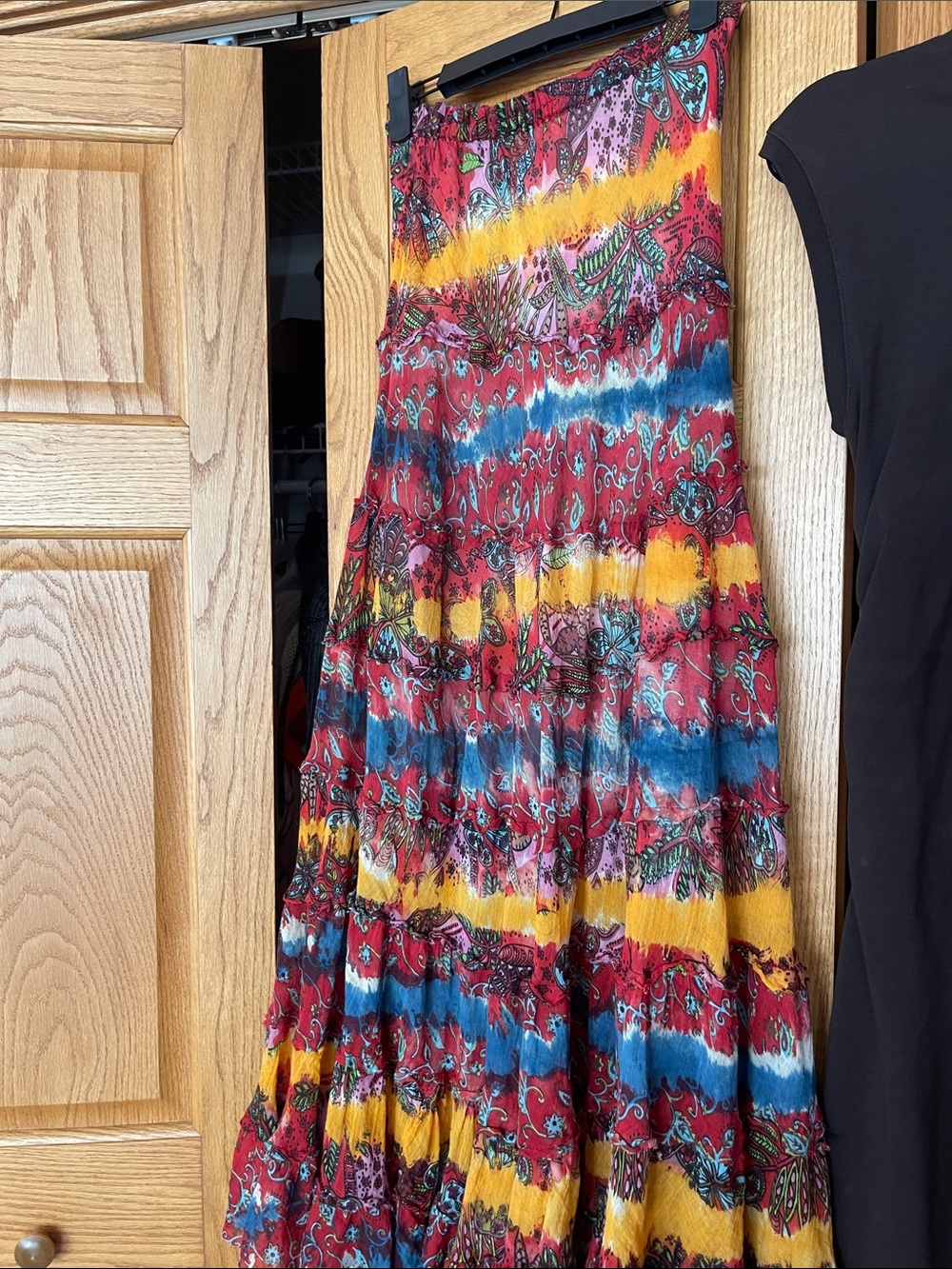 Solitaire Sz S Boho Tiered Cotton Gauze Batik Floral Maxi Skirt Festival Hippie